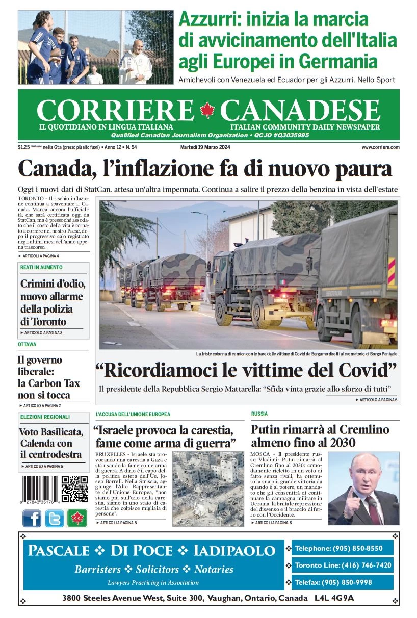 anteprima della prima pagina di corriere-canadese del 19/03/2024