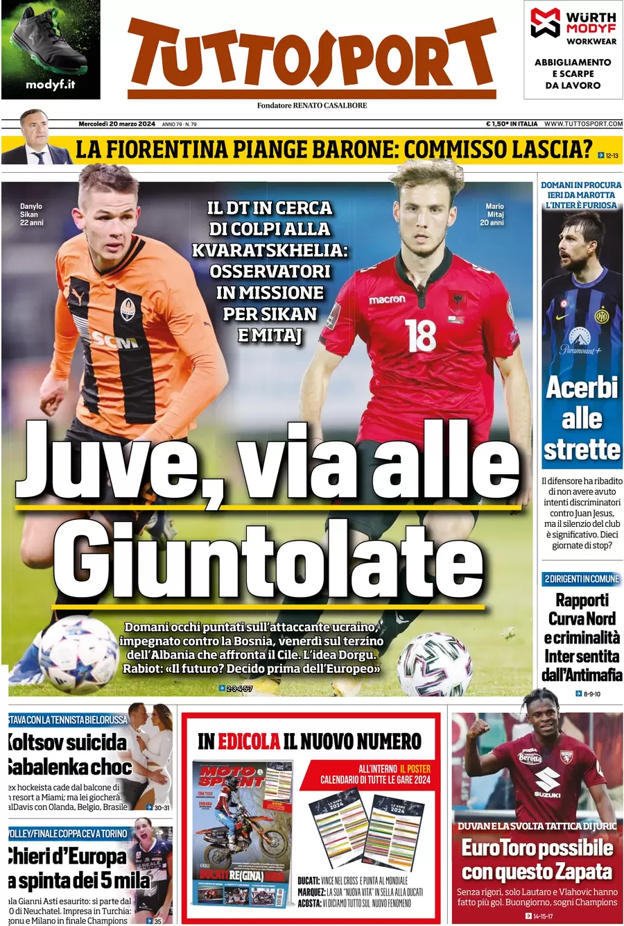 anteprima della prima pagina di tuttosport del 19/03/2024