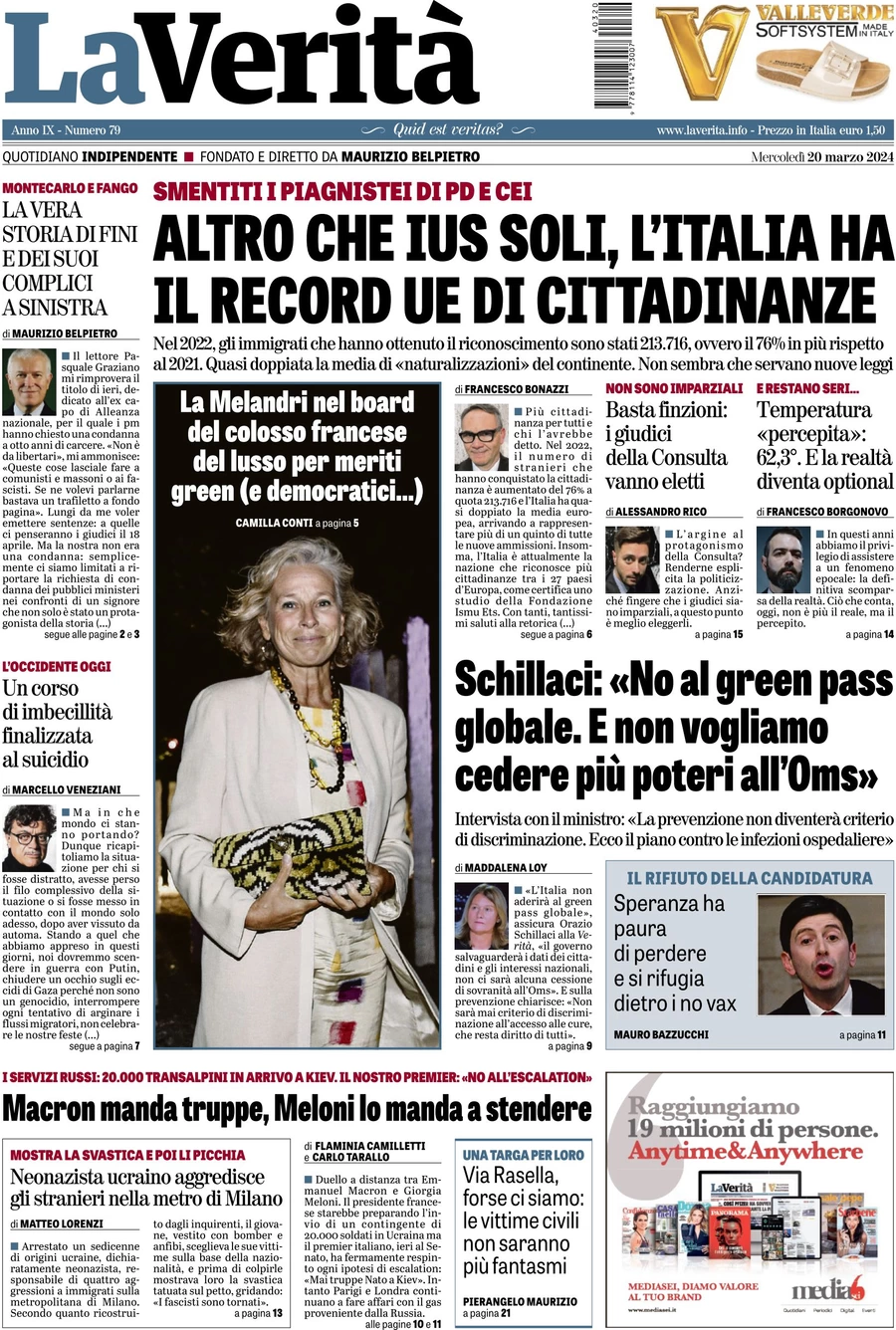 anteprima della prima pagina di la-verit del 19/03/2024