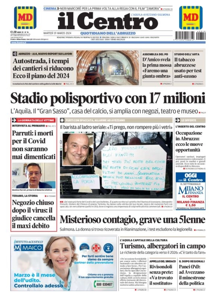 anteprima della prima pagina di il-centro-laquila del 19/03/2024