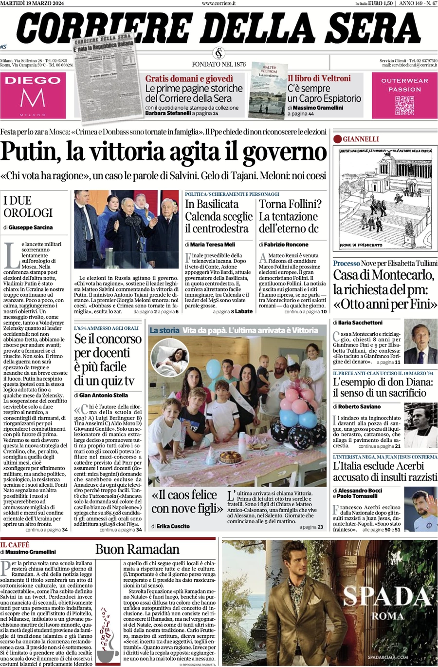 anteprima della prima pagina di corriere-della-sera del 19/03/2024