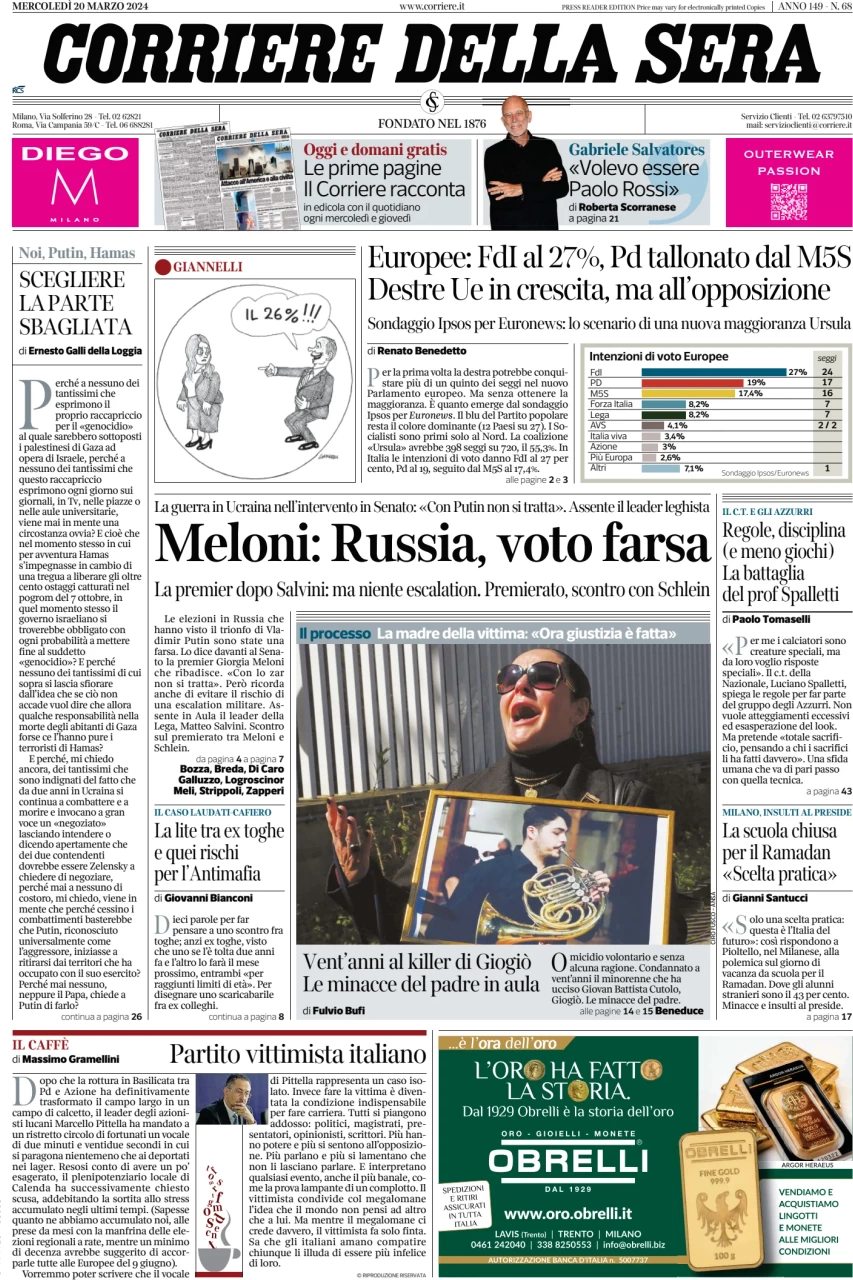 anteprima della prima pagina di corriere-della-sera del 20/03/2024