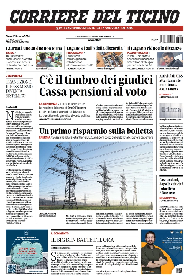 anteprima della prima pagina di corriere-del-ticino del 20/03/2024