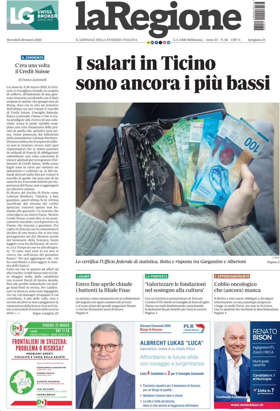 anteprima della prima pagina di la-regione del 20/03/2024