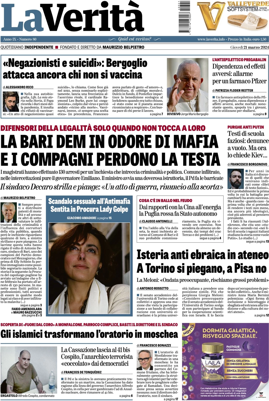 anteprima della prima pagina di la-verit del 20/03/2024