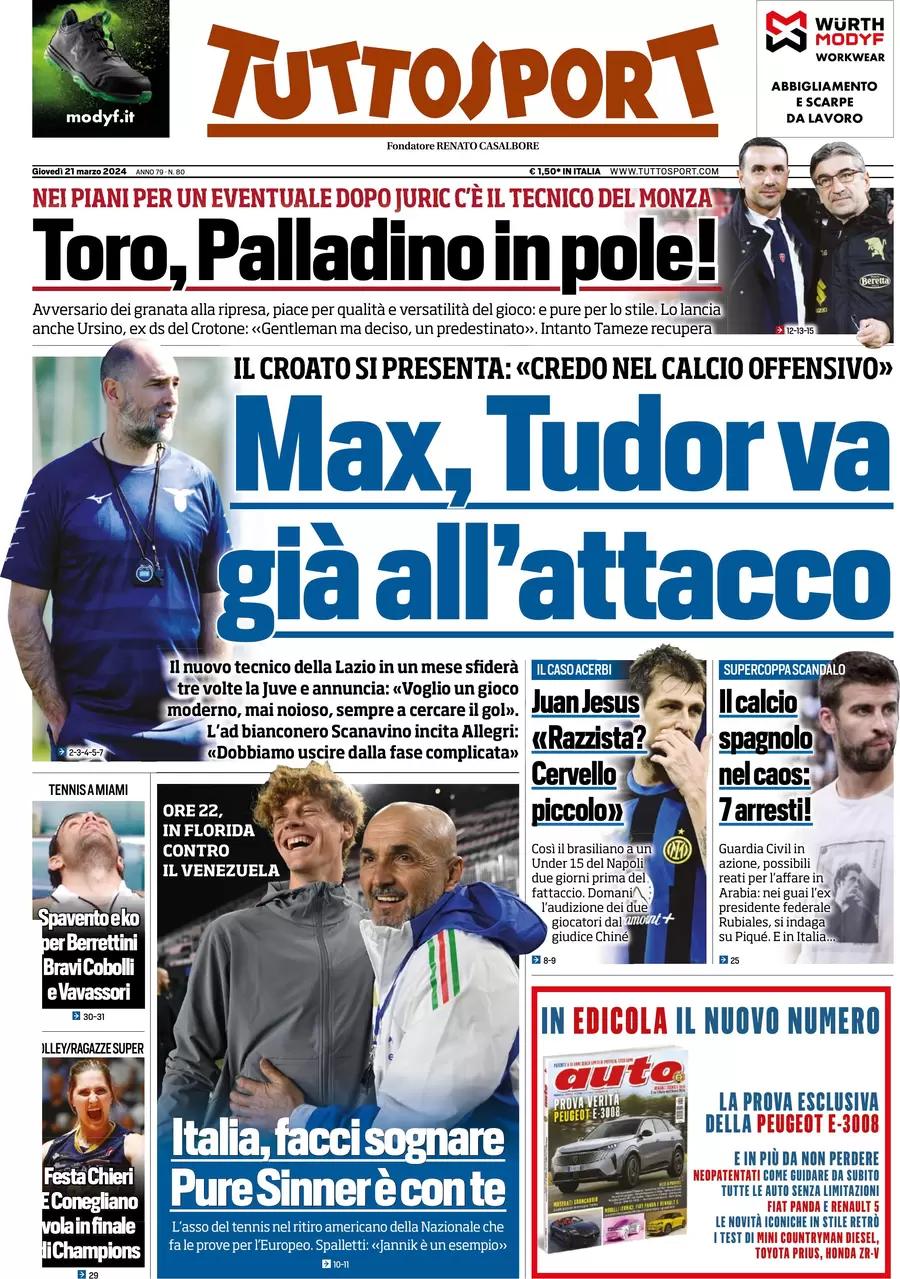 anteprima della prima pagina di tuttosport del 20/03/2024