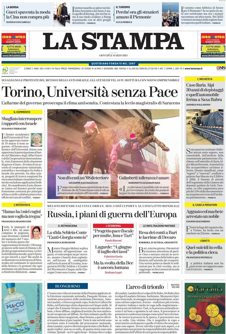 anteprima della prima pagina di la-stampa del 21/03/2024