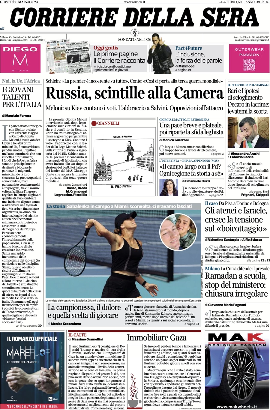 anteprima della prima pagina di corriere-della-sera del 21/03/2024