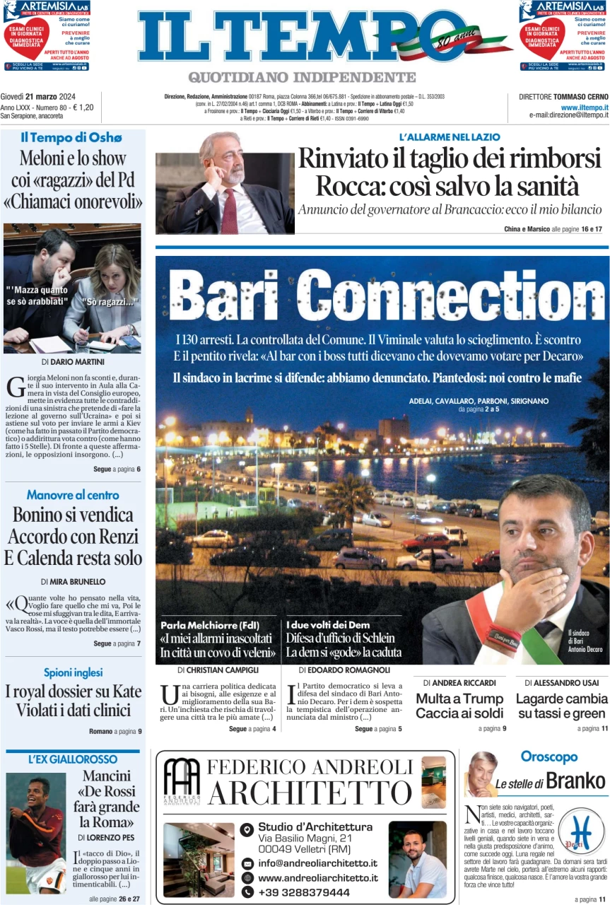 anteprima della prima pagina di il-tempo del 21/03/2024