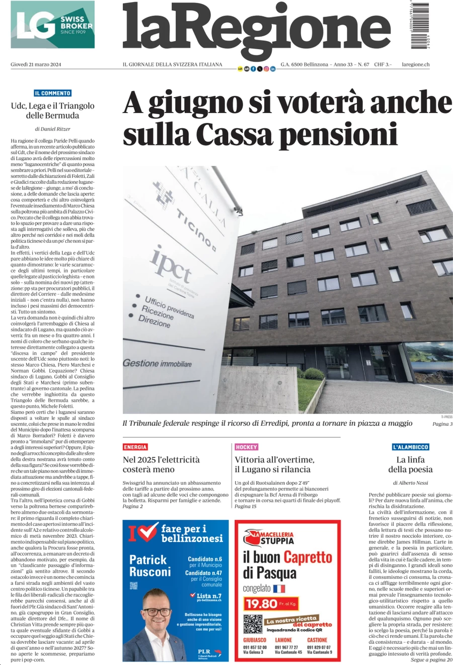 anteprima della prima pagina di la-regione del 21/03/2024