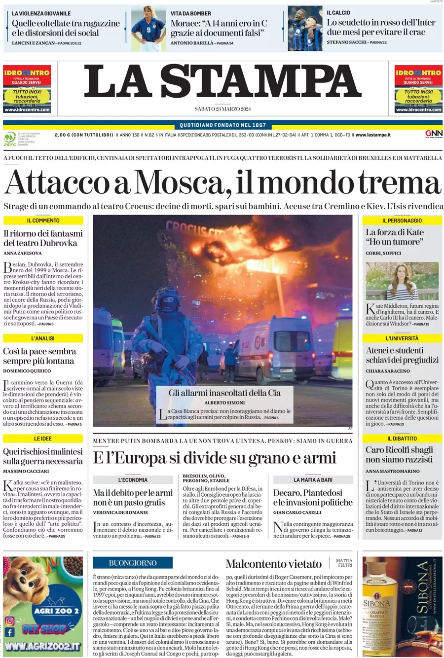 anteprima della prima pagina di la-stampa del 22/03/2024