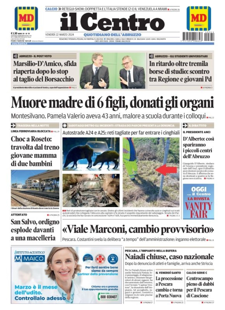 anteprima della prima pagina di il-centro-pescara del 22/03/2024