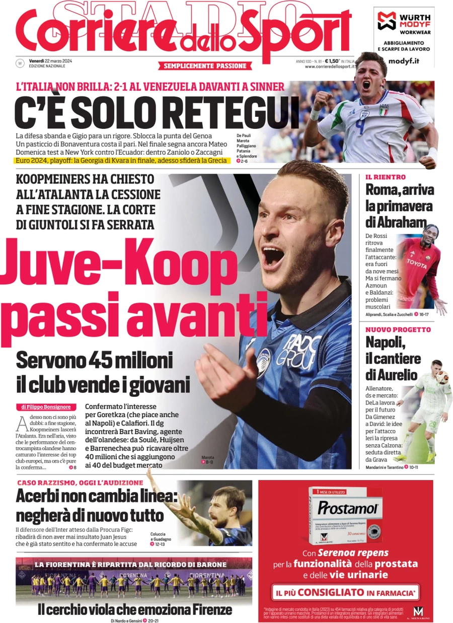 anteprima della prima pagina di corriere-dello-sport del 22/03/2024