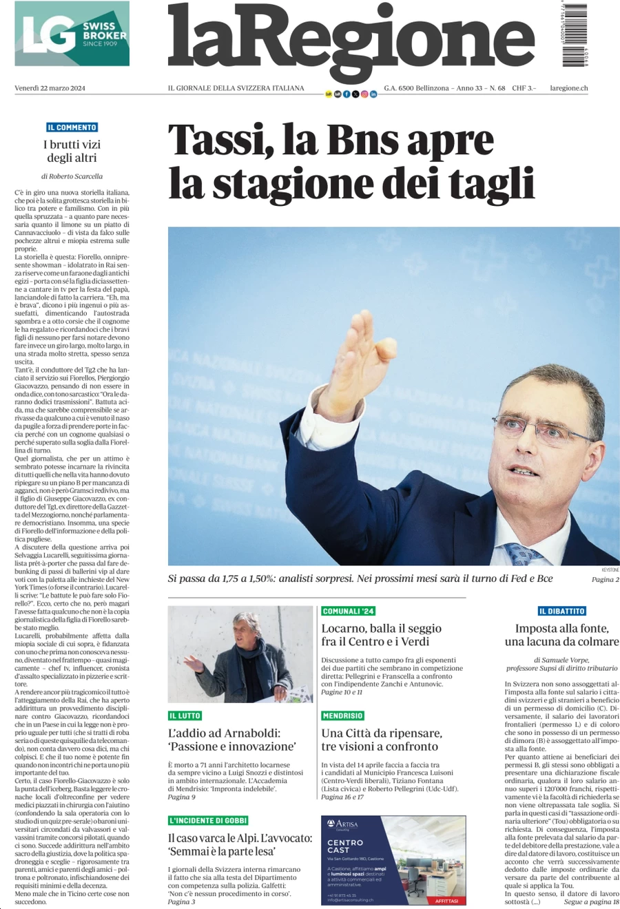 anteprima della prima pagina di la-regione del 22/03/2024