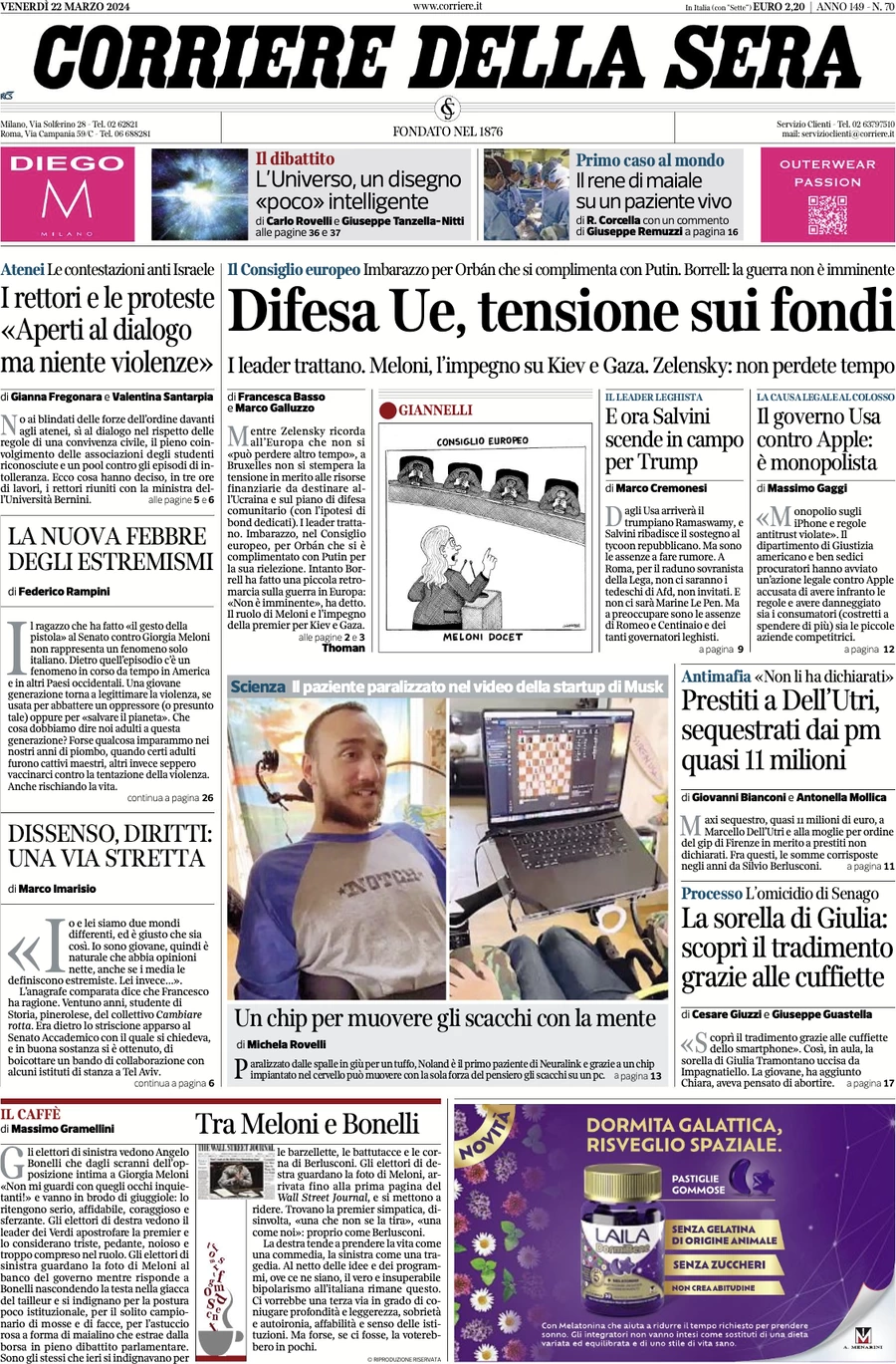 anteprima della prima pagina di corriere-della-sera del 22/03/2024