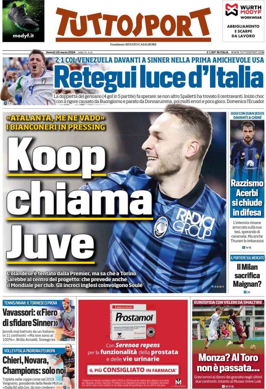 anteprima della prima pagina di tuttosport del 22/03/2024