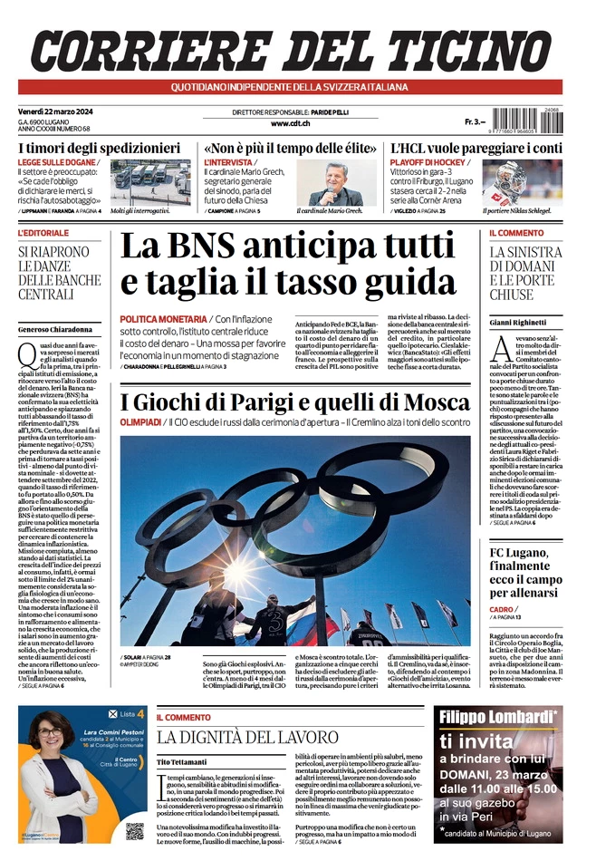 anteprima della prima pagina di corriere-del-ticino del 22/03/2024