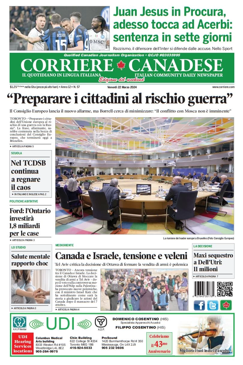 anteprima della prima pagina di corriere-canadese del 22/03/2024