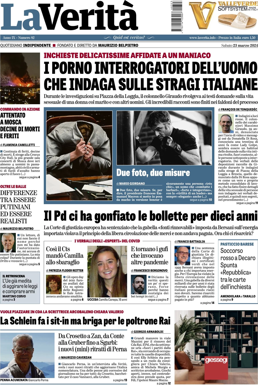 anteprima della prima pagina di la-verit del 22/03/2024