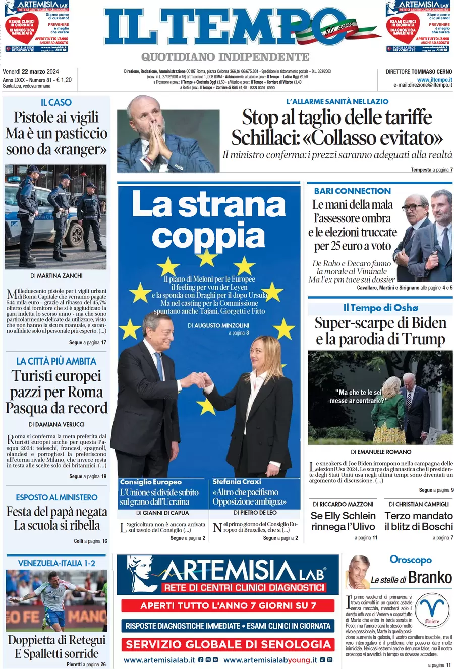 anteprima della prima pagina di il-tempo del 22/03/2024