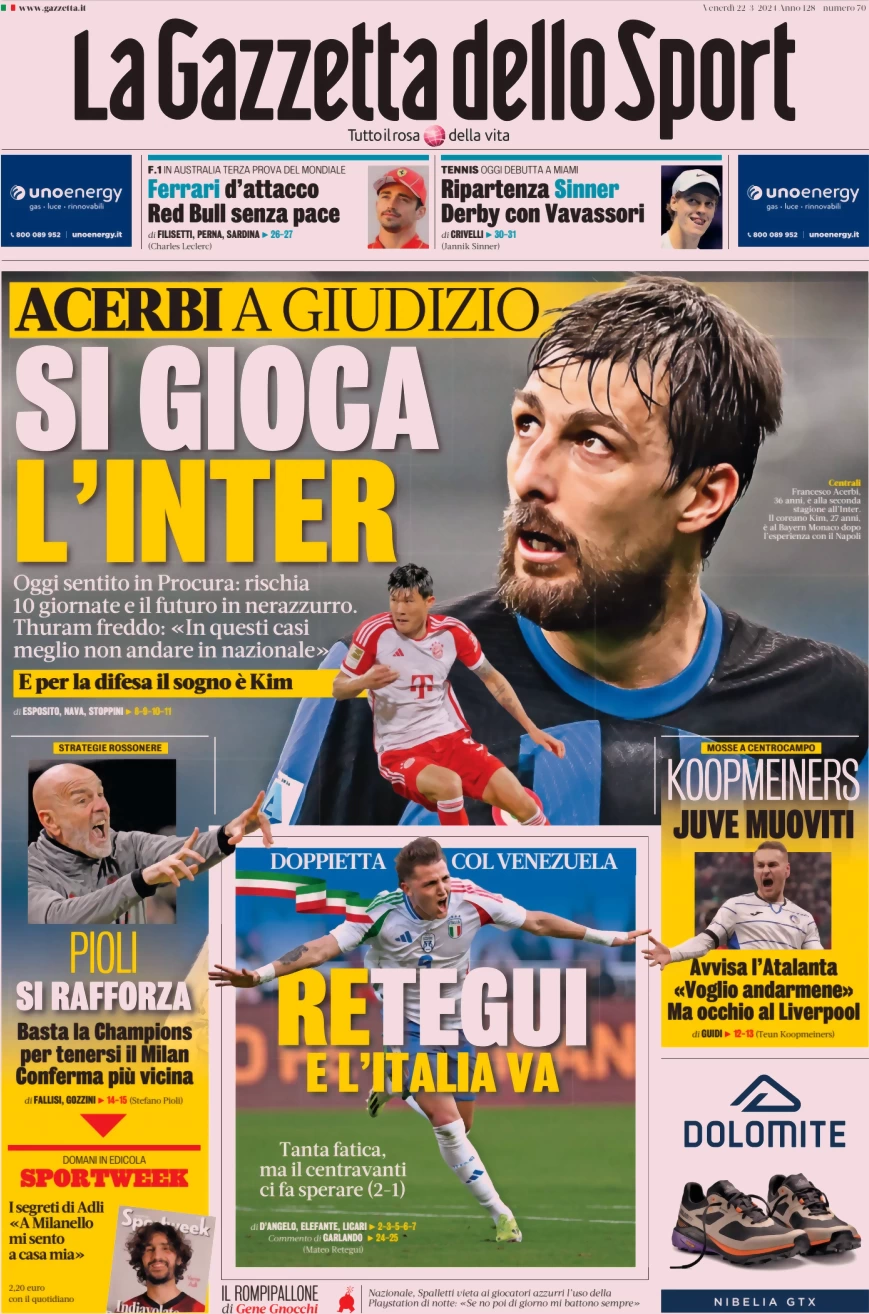 anteprima della prima pagina di la-gazzetta-dello-sport del 22/03/2024