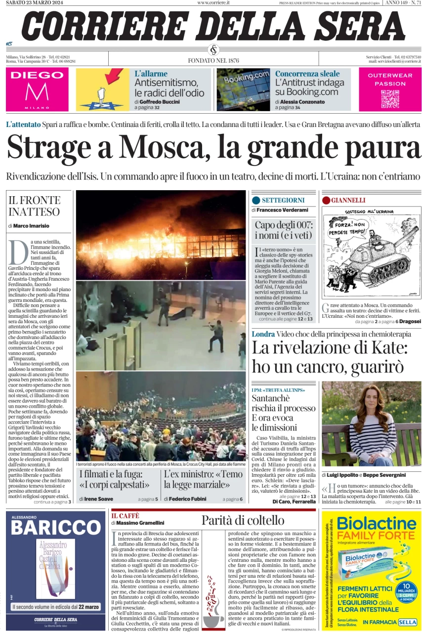 anteprima della prima pagina di corriere-della-sera del 23/03/2024