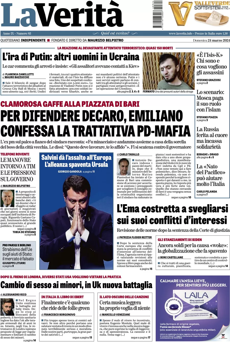 anteprima della prima pagina di la-verit del 23/03/2024