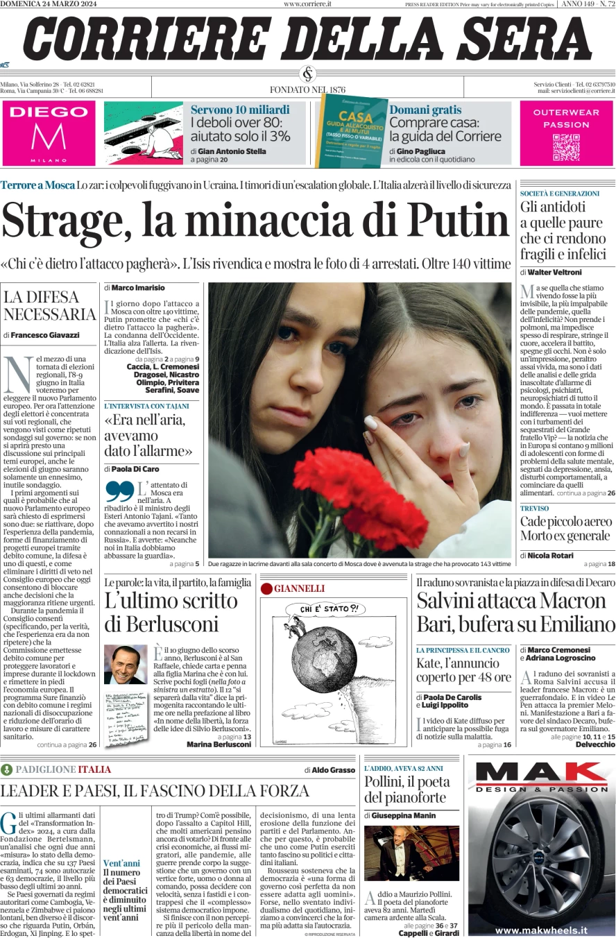 anteprima della prima pagina di corriere-della-sera del 24/03/2024