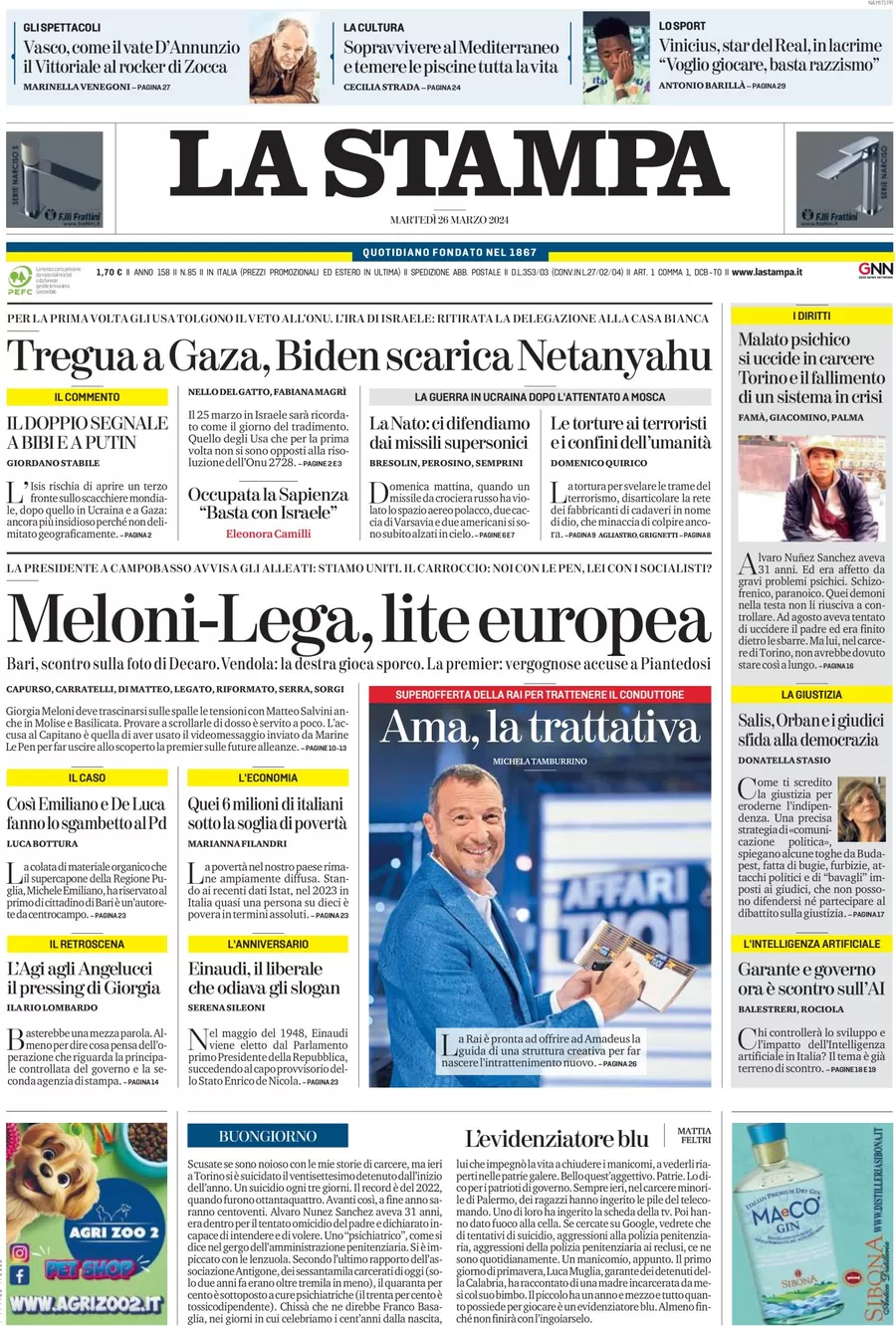 anteprima della prima pagina di la-stampa del 25/03/2024