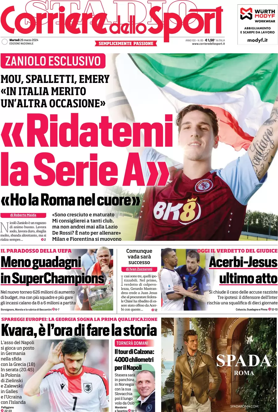 anteprima della prima pagina di corriere-dello-sport del 26/03/2024