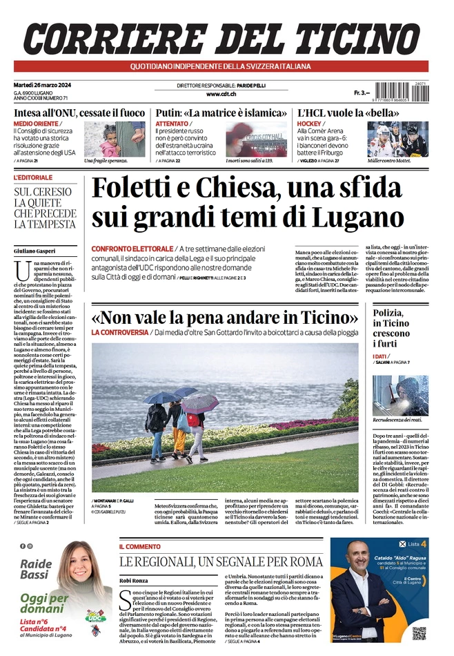 anteprima della prima pagina di corriere-del-ticino del 26/03/2024