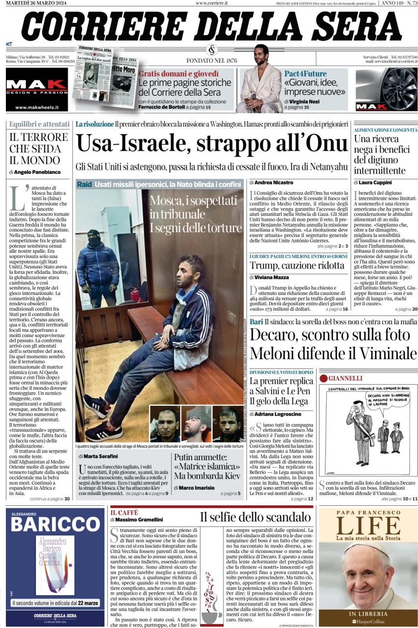 anteprima della prima pagina di corriere-della-sera del 26/03/2024