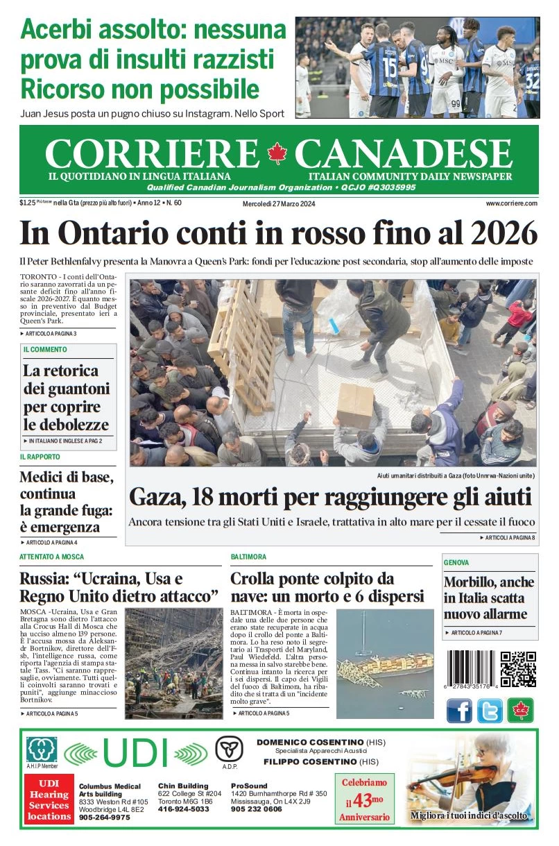 anteprima della prima pagina di corriere-canadese del 26/03/2024