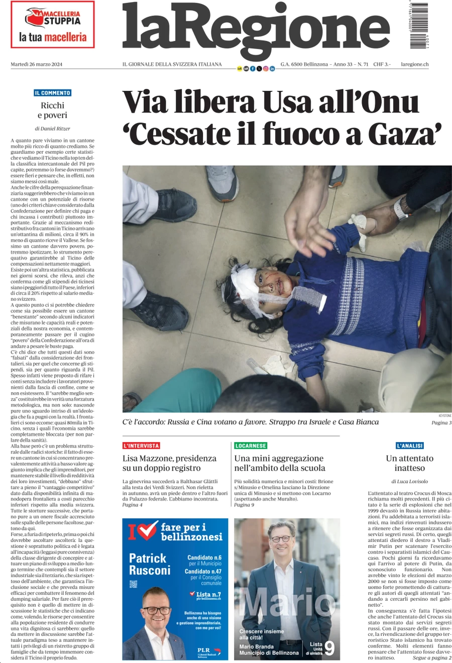 anteprima della prima pagina di la-regione del 26/03/2024