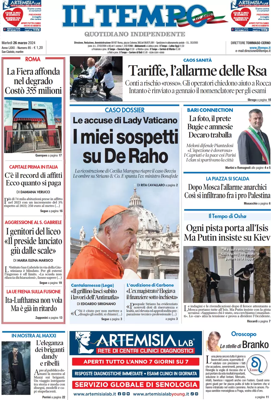 anteprima della prima pagina di il-tempo del 26/03/2024