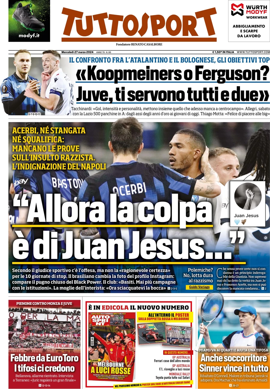 anteprima della prima pagina di tuttosport del 27/03/2024