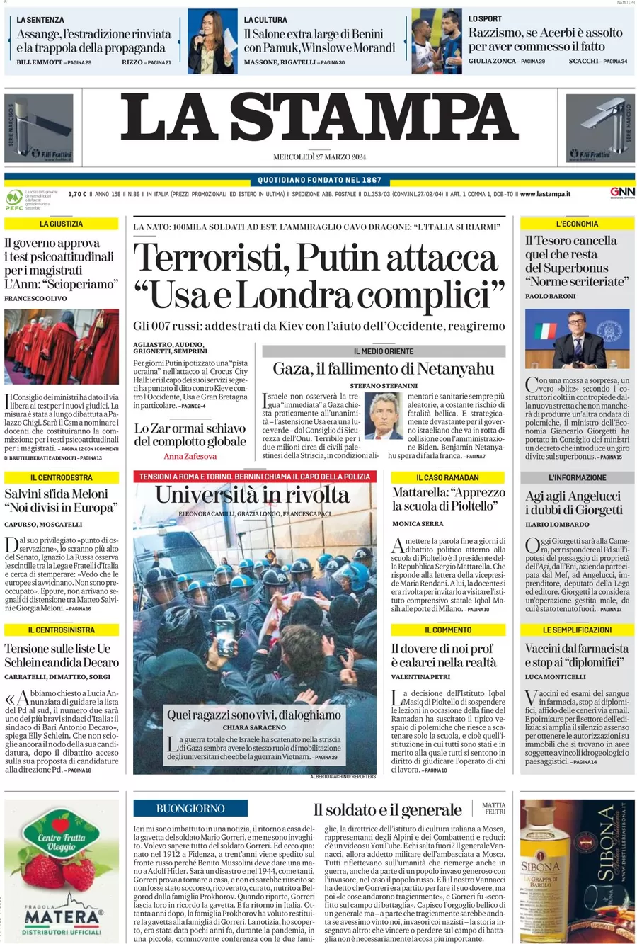 anteprima della prima pagina di la-stampa del 27/03/2024