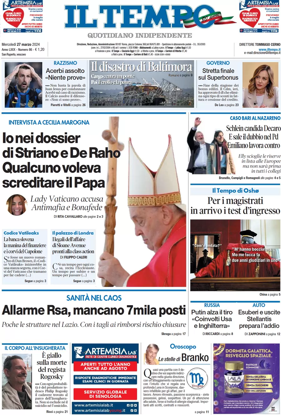 anteprima della prima pagina di il-tempo del 27/03/2024