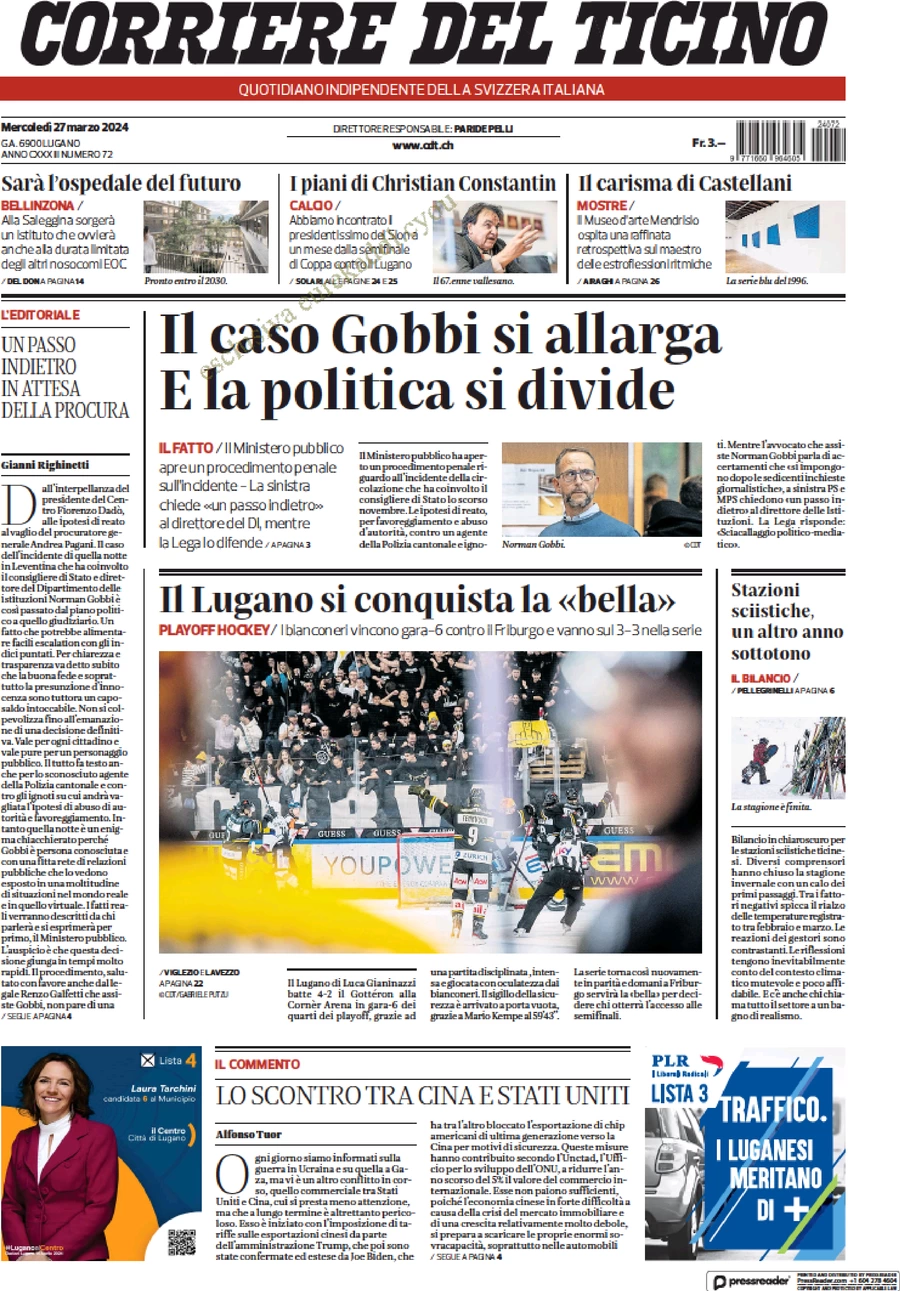 anteprima della prima pagina di corriere-del-ticino del 27/03/2024