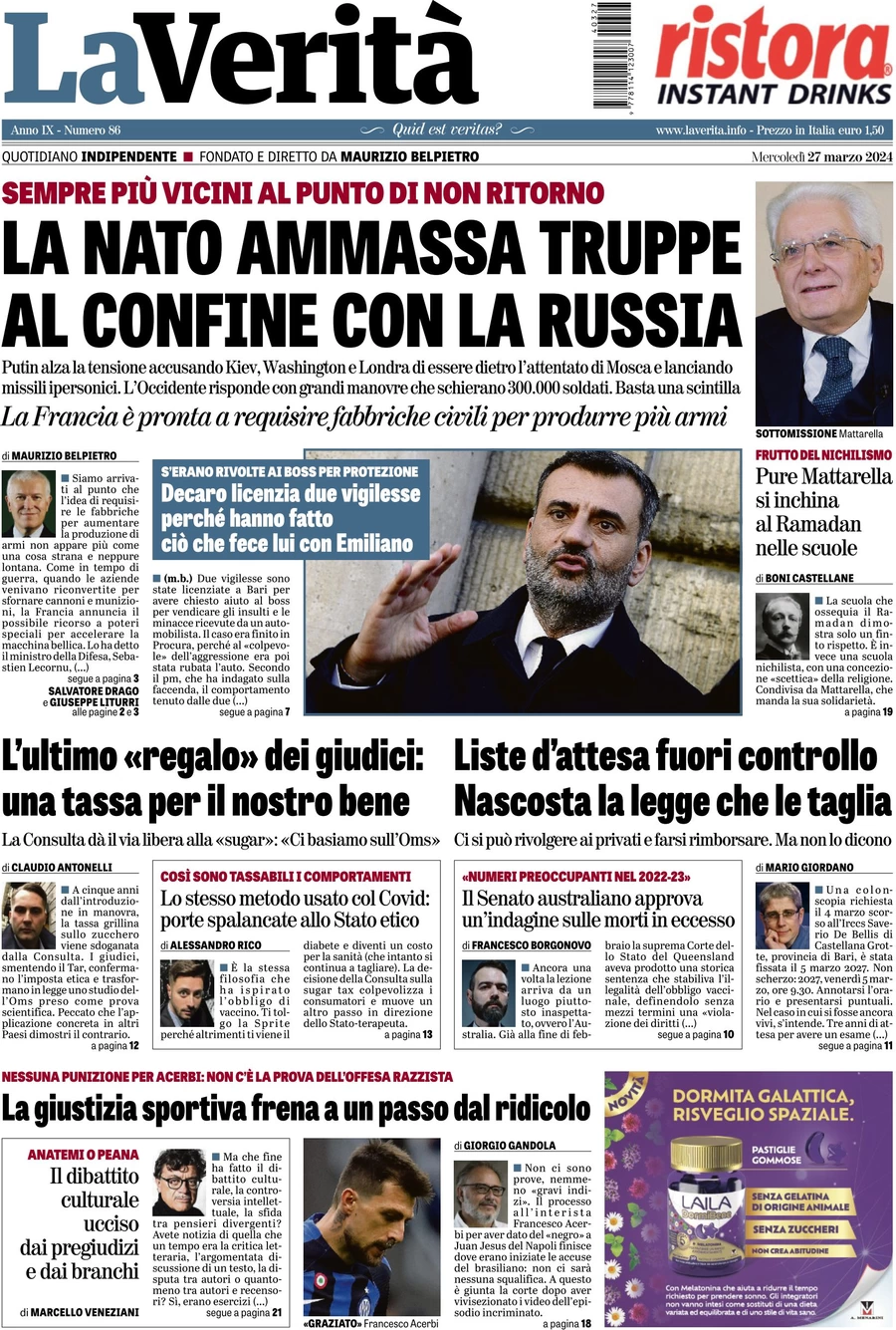 anteprima della prima pagina di la-verit del 27/03/2024