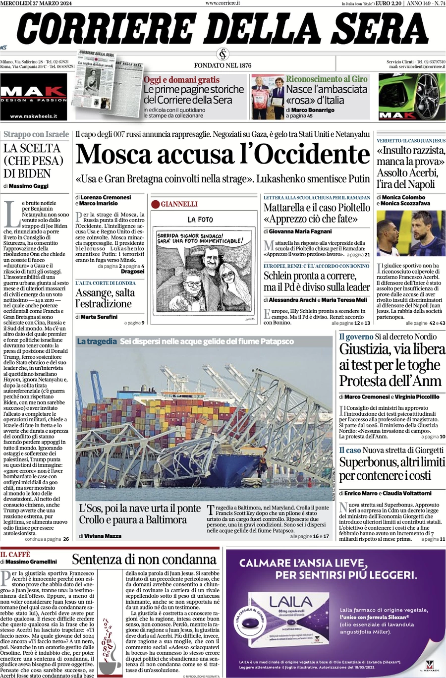 anteprima della prima pagina di corriere-della-sera del 27/03/2024