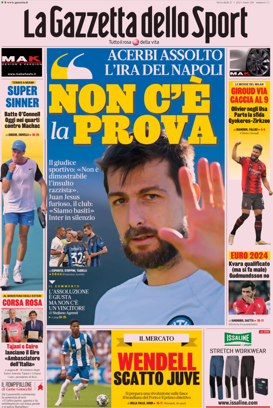 anteprima della prima pagina di la-gazzetta-dello-sport del 27/03/2024