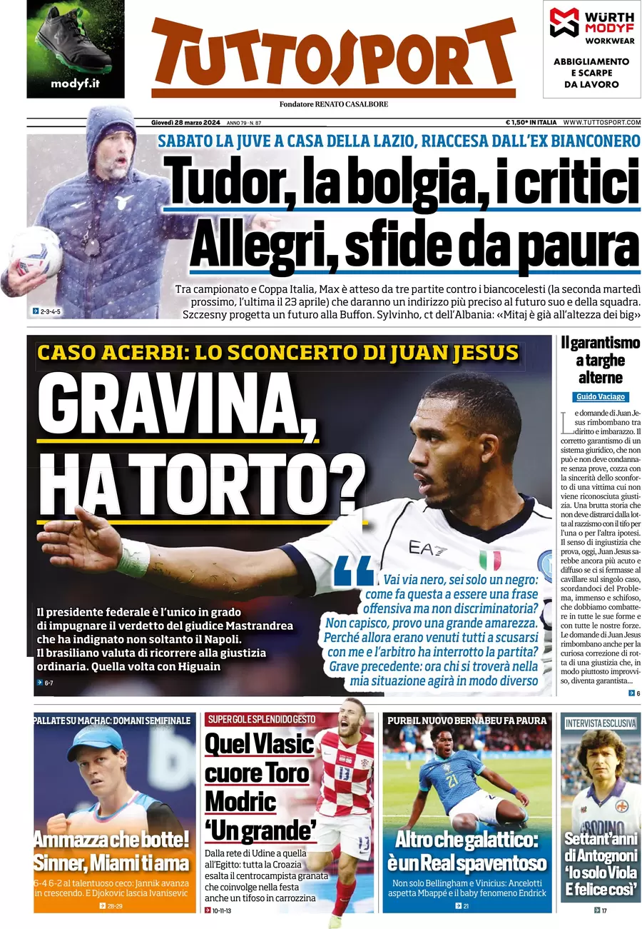 anteprima della prima pagina di tuttosport del 28/03/2024