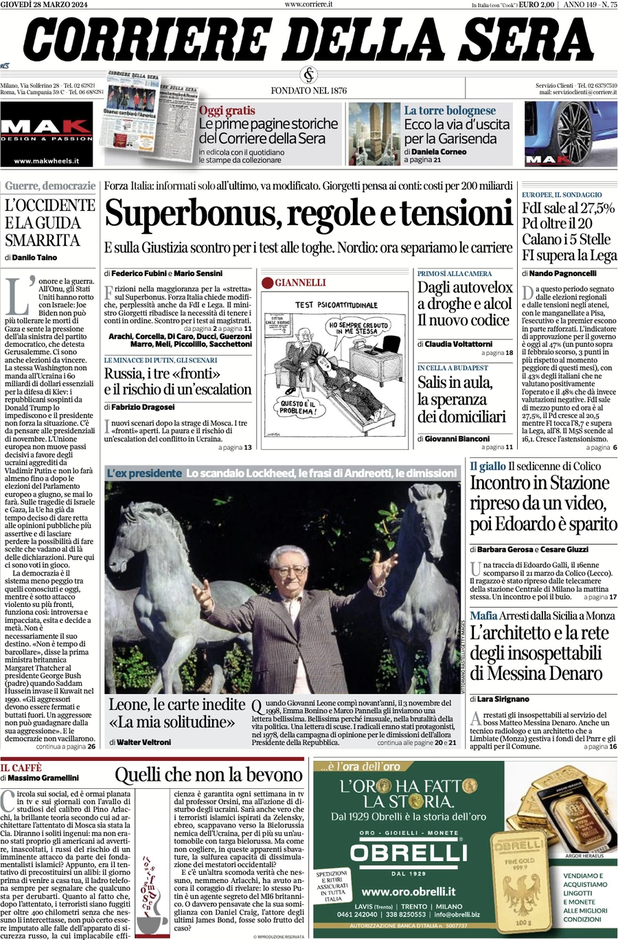 anteprima della prima pagina di corriere-della-sera del 28/03/2024