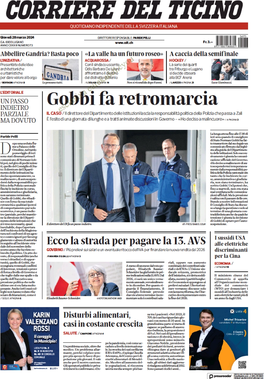 anteprima della prima pagina di corriere-del-ticino del 28/03/2024