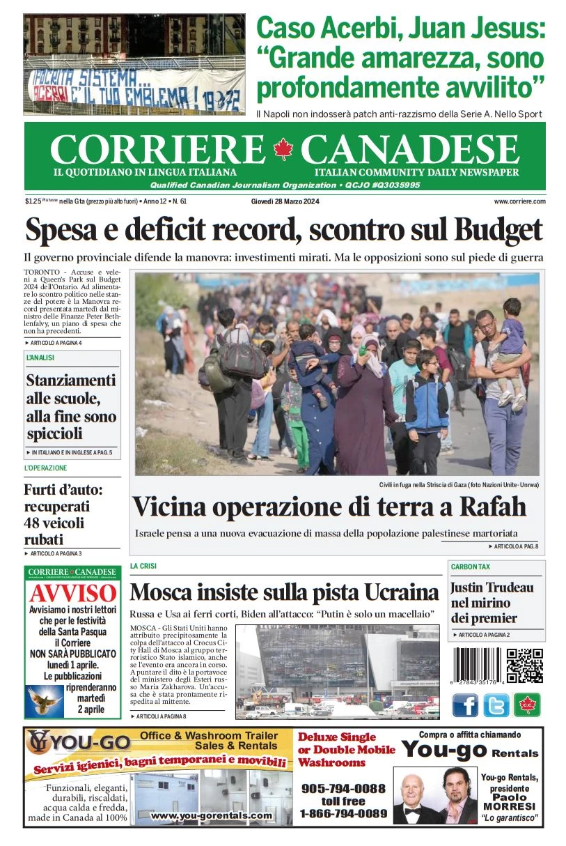 anteprima della prima pagina di corriere-canadese del 28/03/2024