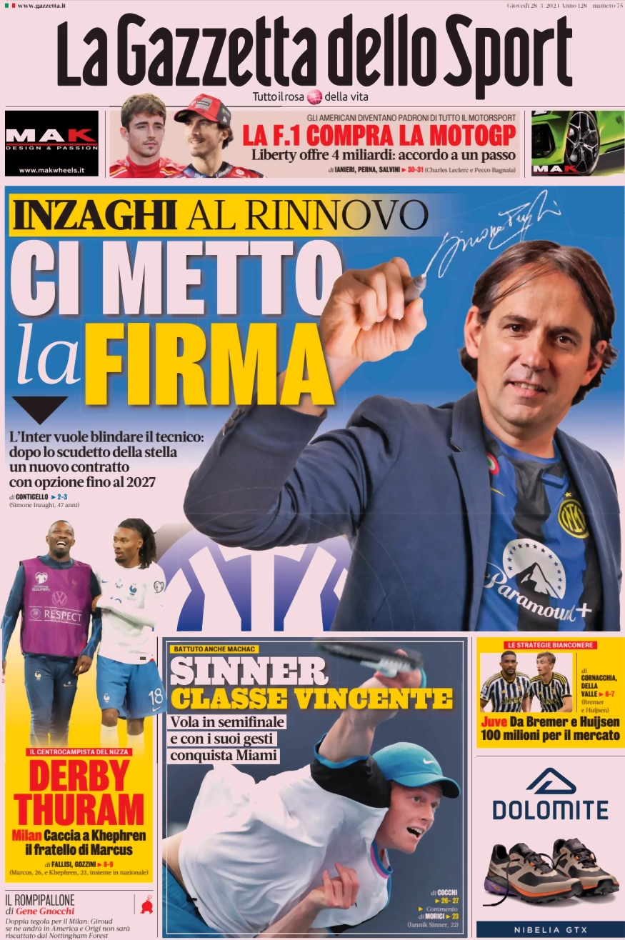 anteprima della prima pagina di la-gazzetta-dello-sport del 28/03/2024