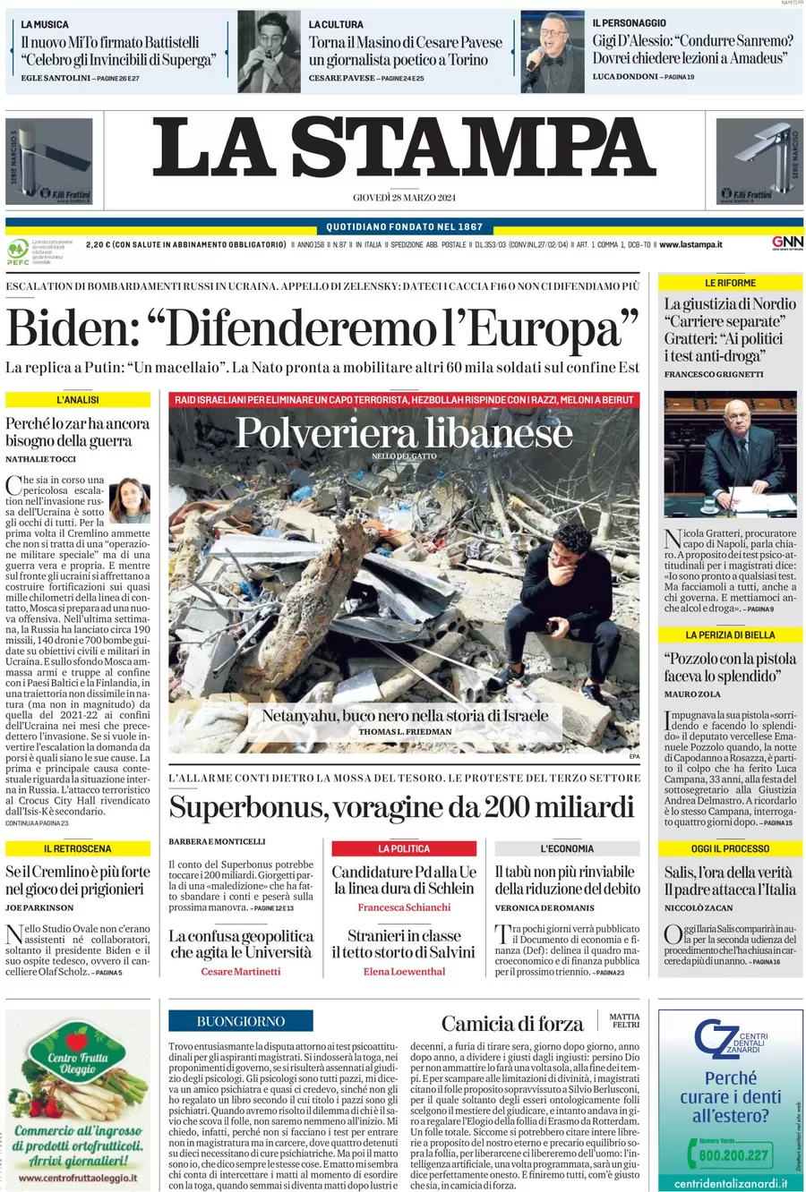 anteprima della prima pagina di la-stampa del 28/03/2024