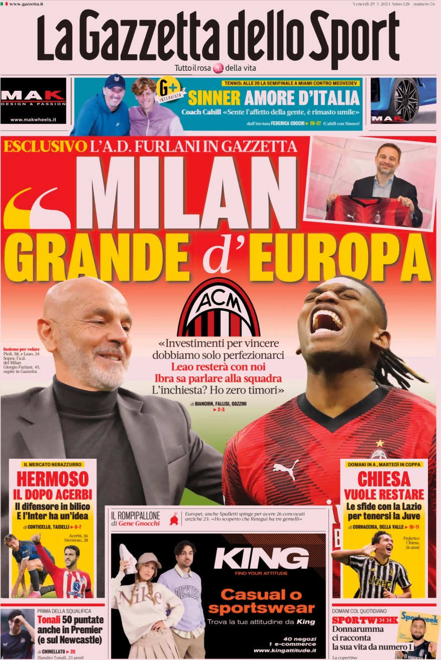 anteprima della prima pagina di la-gazzetta-dello-sport del 29/03/2024