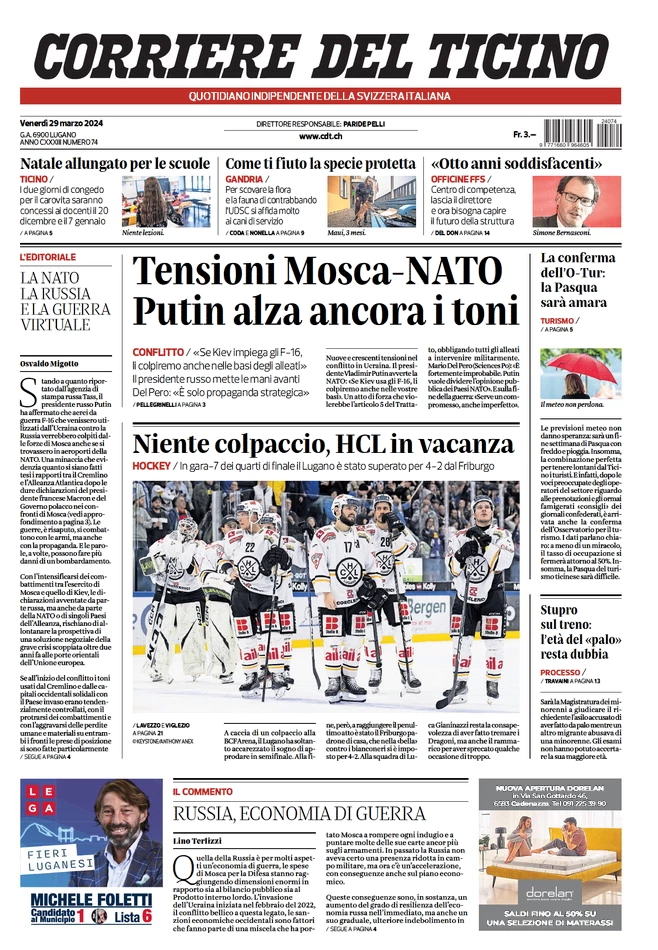 anteprima della prima pagina di corriere-del-ticino del 29/03/2024